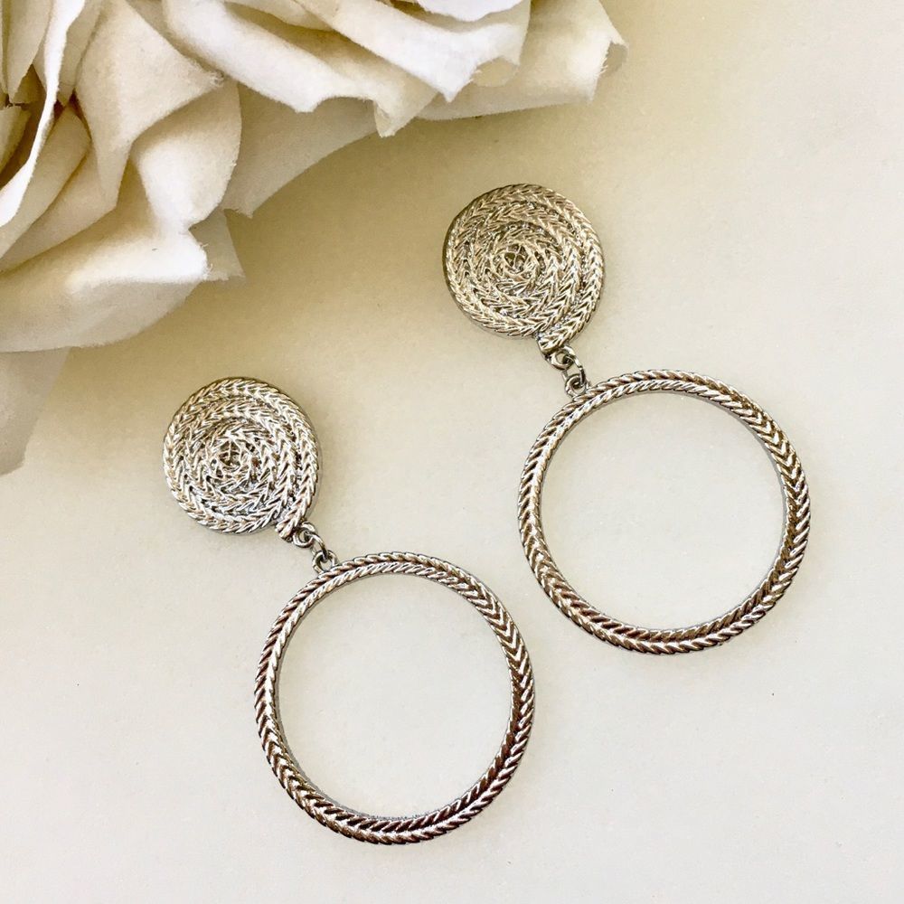 Silvertone Drop Hoop Braid Detail Pierced Earrings